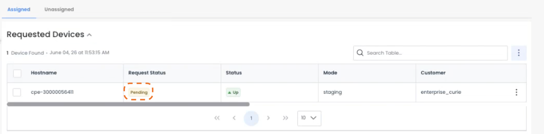 Table displaying requested devices with one device in pending status.